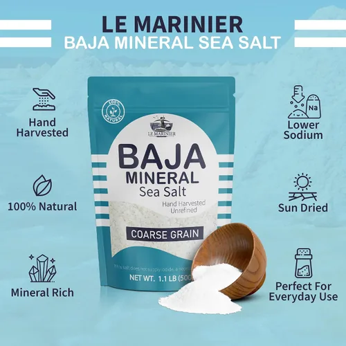 Vista 2 de Le Marinier - Sal marina mineral de Baja, grano grueso, 1.1 lb - 18 oz 100% Natural y sin refinar Sal marina auténtica de Baja, rica