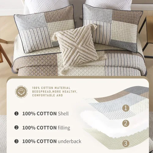Vista 6 de Finlonte Colchas tamaño Queen 100% algodón, ligero y suave, edredón de retazos reales a cuadros, colcha acolchada, marrón, beige, gris, reversible