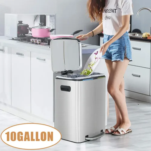 Vista 2 de Cubo de basura de acero inoxidable con doble compartimento de 40 litros/10 galones, cubo de basura manos libres con tapa de cierre suave, combo