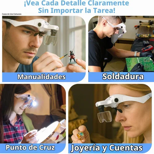 Vista 4 de Lupa de diadema iluminada recargable, herramienta de aumento manos libres para joyas, extensiones de pestañas, reparación de relojes, punto de cruz