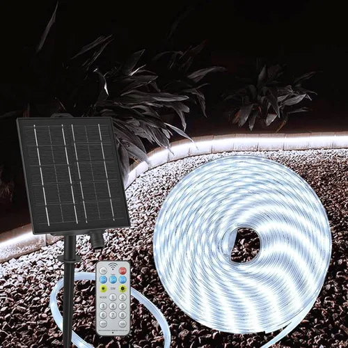 Vista 13 de Tira de luces solares de 50 pies para exteriores, tira de luz LED impermeable, encendido/apagado automático, tira de luces recargables de 8 modos