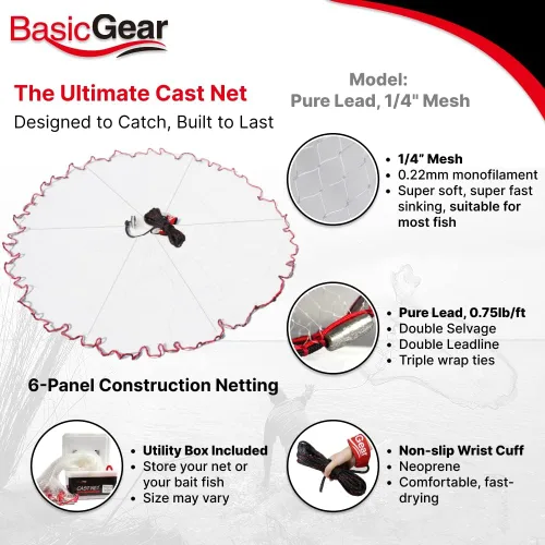 Vista 2 de BasicGear® Cast Net, Lead, 3-12ft Radius, 3/8 and 1/4 Mesh, for Bait Fish