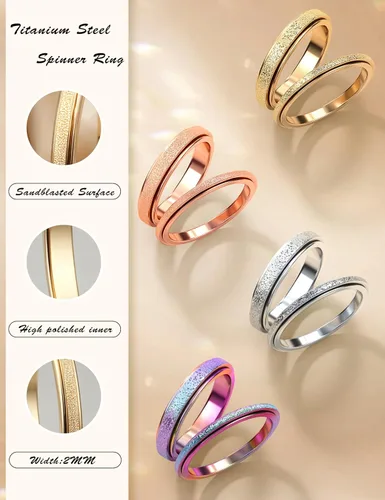 Vista 6 de Diamday Anillos Fidget para Mujeres y Hombres - Anillo Spinner de Acero Inoxidable 2/4 para Alivio de Ansiedad y Estrés con Purpurina Chorro