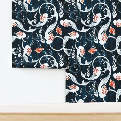 Vista 4 de Papel tapiz para despegar y pegar – Acuarela Sirena Natación Azul Marino Algas Coral Sirena Papel pintado extraíble personalizado por Spoonflower