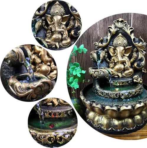 Vista 2 de Estatuas de Ganesha Fuente de Agua Interior, Estatua de Buda Elefante Fuente de Mesa con Bola Rodante, Fuente Zen para Decoración de Escritorio