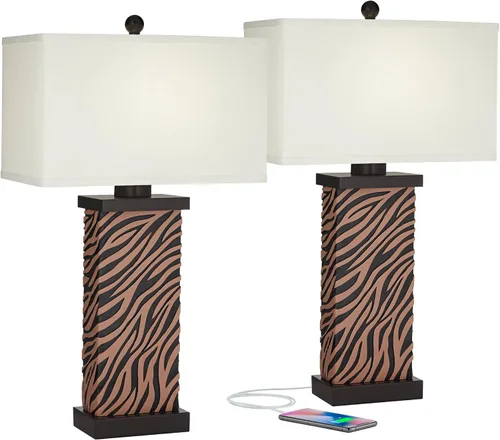 Vista 2 de 360 Lighting Juego de 2 lámparas de mesa modernas con puerto de carga USB de 27 pulgadas de alto, madera sintética de cebra, pantalla rectangular