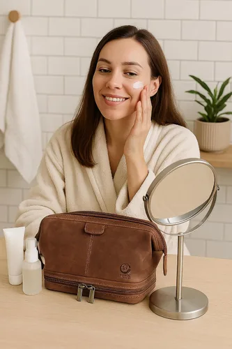 Vista 2 de Neceser de cuero para hombre - Kit Dopp para viajes, afeitado, viajes nocturnos, Marrón, M