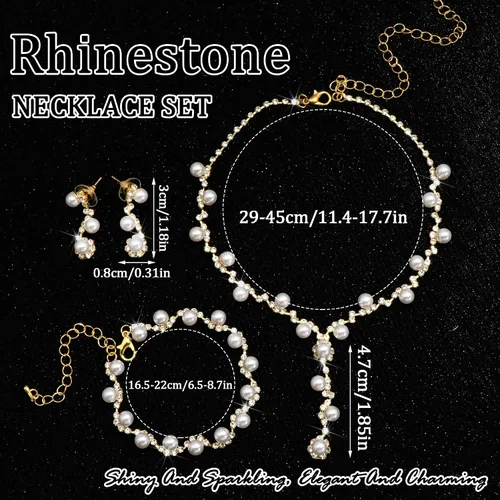 Vista 4 de Rhinestone Jewelry Set Crystal Pearl Necklace Bracelet Earrings Set Sparkly Necklace Dangle Earrings Wedding Prom Formal Costume Jewelry Sets for