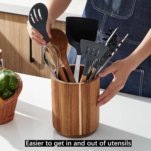 Vista 5 de Soporte para utensilios de madera de acacia para encimera de cocina, giratorio de 360° de 7.2 pulgadas, recipiente de madera para utensilios