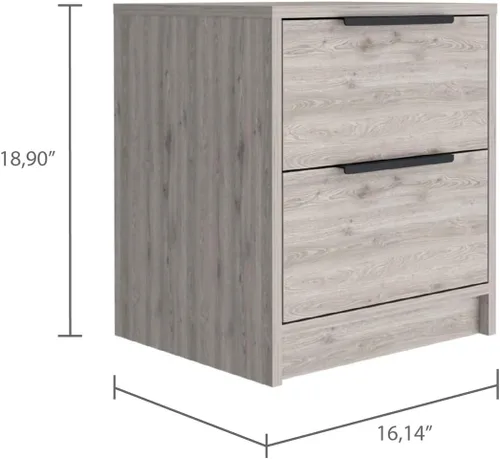Vista 2 de Mesita de noche de madera, 2 cajones, mango de metal, mesita de noche moderna gris para cama, fácil montaje