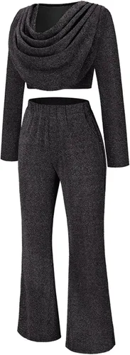 Vista 4 de Annystore Conjunto casual de 2 piezas para mujer, de manga larga, fruncido, brillante, bodycon y pantalones acampanados de cintura alta, conjunto