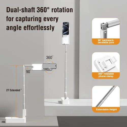 Vista 3 de 4smarts Trípode de grabación para teléfono con luz LED, giratorio de 360°, soporte portátil y extensible para teléfonos inteligentes de 3.5 a 6.9