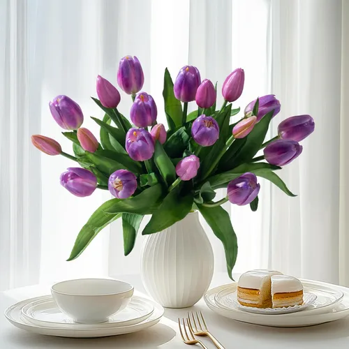 Vista 15 de Bailikang 20 piezas de tulipanes artificiales, flores de seda de tulipanes falsos, ramo artificial de PU, flores artificiales de imitación con caja