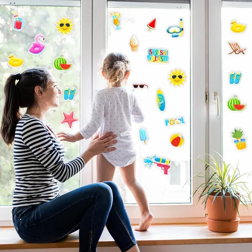 Vista 5 de 20 calcomanías de gel grueso para fiestas de playa, para verano, piscina, ventana, calcomanías para niños, niños pequeños y adultos, hogar, avión