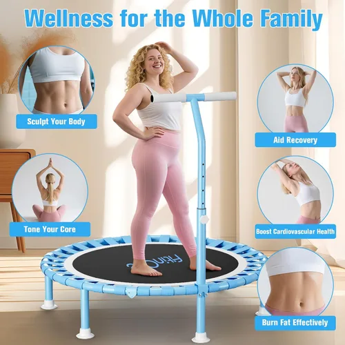 Vista 6 de 40" Fitness Mini Trampoline with Adjustable Handle Bar, 330lbs Foldable Bungee Rebounder for Adults, Stable & Quiet Exercise Rebounder Indoor Workout