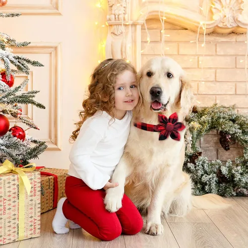 Vista 5 de Malier Collar de Navidad para perro con flor, clásico collar de perro a cuadros de búfalo con hebilla, collares de Navidad ajustables con pajarita