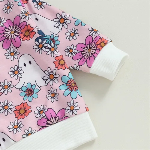 Vista 4 de Child Comfortable Playwear Halloween Toddler Girl's Long Sleeved Floral Print Top And Pant Suit Suit For 0 To 3
