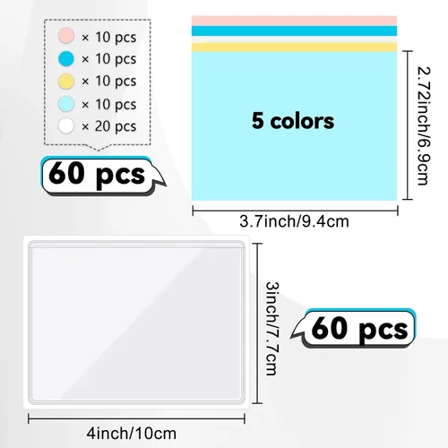 Vista 2 de Paquete de 60 portatarjetas autoadhesivas de 3 x 4 pulgadas transparente con 60 hojas de índice coloridas, soporte de plástico para tarjetas