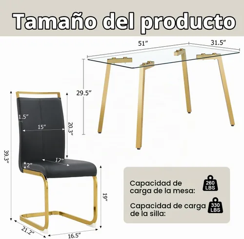 Vista 2 de Juego de mesa de comedor de 4, mesa rectangular de 51 pulgadas con superficie de vidrio templado y patas de metal dorado, mesa de cocina con 4