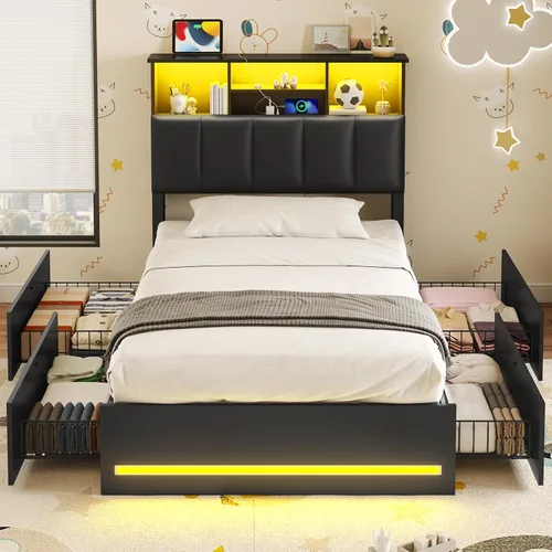 Vista 7 de VIAGDO Marcos de Cama Individuales con Cabecera de Estantería, Marco de Cama de Madera Tamaño Individual con Estación de Carga, 4 Cajones de Negro