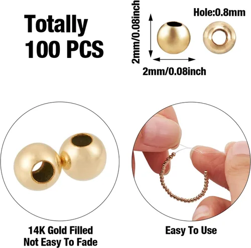 Vista 2 de Craftdady 100 cuentas redondas de latón macizo rellenas de oro de 14 quilates, cuentas pequeñas espaciadoras para pulseras, collares, suministros