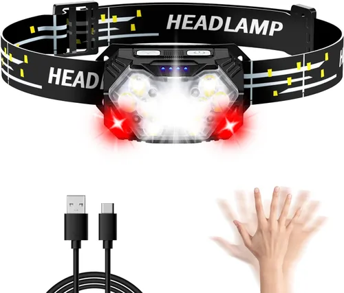 Vista 9 de Linterna frontal de 9 LED, 2000 lúmenes, lámpara de cabeza súper brillante con 6 modos, luz de cabeza impermeable IPX5, linterna de cabeza ligera