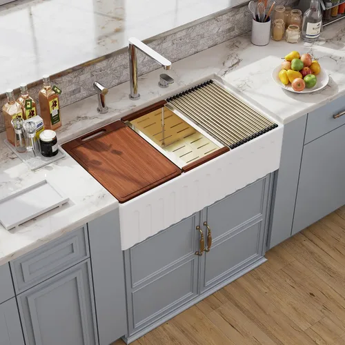 Vista 20 de Farm - Fregadero de cocina reversible con 24 unidades, color blanco, 24 x 18 pulgadas, delantal frontal de porcelana blanca, de cerámica y arcilla