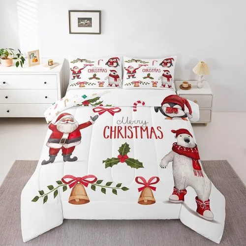 Vista 22 de Erosebridal Juego de edredón de Feliz Navidad, tamaño individual, divertido edredón de Papá Noel para niños y niñas, edredón de plumón de pingüino