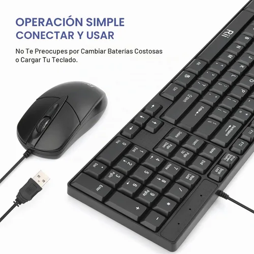 Vista 2 de Rii RK203 - Juego combinado de teclado y teclado básico con cable USB de tamaño ultra completo con teclado con teclado numérico para computadora