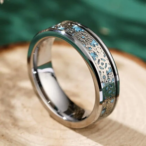 Vista 2 de Three Keys - Anillo de matrimonio de tungsteno negro y fibra de carbono color azul, con rueda dentada Steampunk, de 6mm, 8mm