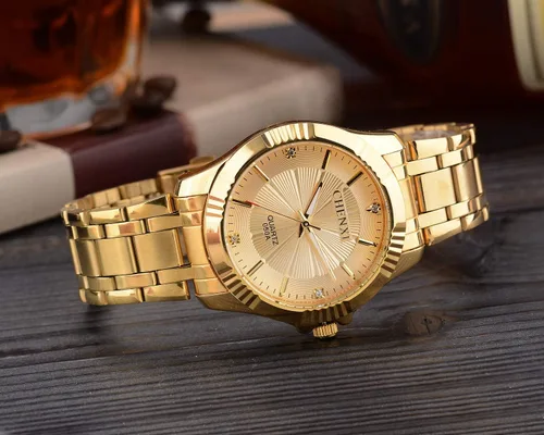 Vista 5 de Reloj de acero inóxidable dorado con cristales estilo clásico para hombre Fq-005