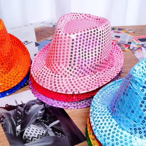 Vista 4 de 12 piezas de sombrero de fieltro de lentejuelas occidentales, sombrero de lentejuelas con purpurina, sombrero de baile de color sólido, gorra