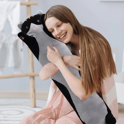 Vista 5 de shangman Bonita muñeca de gato de peluche, bonita almohada de peluche suave de caricaturas, almohada larga para dormir, regalo del día de San Negro