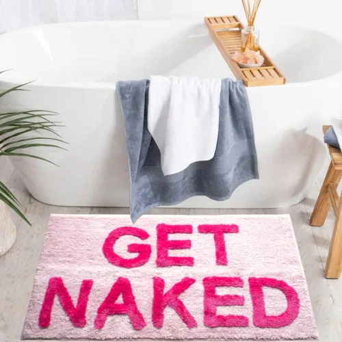 Vista 2 de Evovee Alfombra de baño con texto en inglés «Get Naked», divertida y bonita, tapete de baño con texto «Get Nake», divertido y bonito