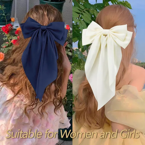 Vista 4 de Velscrun Lazos para el cabello para mujeres y niñas, 3 unidades, lazo blanco, lazo negro, azul marino, lazos grandes para el cabello con clip, lazos