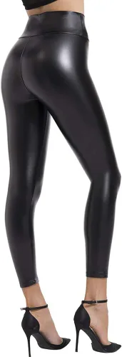 Vista 2 de BOOTY GAL Mallas femeninas de cuero sintético, medias elásticas de cintura alta