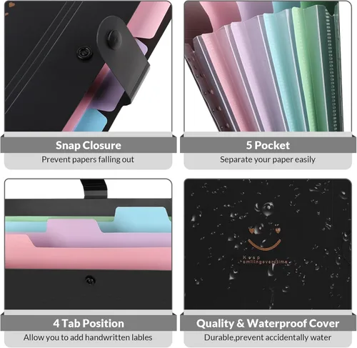 Vista 3 de SKYDUE Carpeta de archivos expandible con 5 bolsillos, bonito organizador de archivos de acordeón, carpeta de archivo tamaño carta, organizador