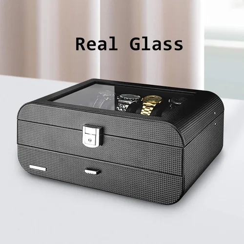 Vista 5 de Homde Caja de reloj con diseño de arco de fibra de carbono, organizador de joyas de lujo con cajón, parte superior de cristal y cerradura