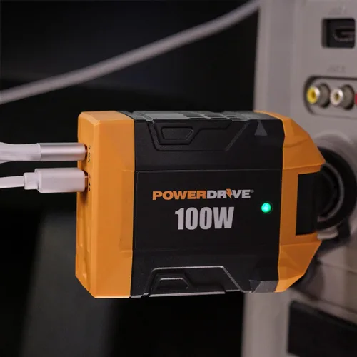Vista 2 de PowerDrive PWD100D 100 vatios inversor 12v DC a 110v AC convertidor adaptador de enchufe de coche con 2 puertos
