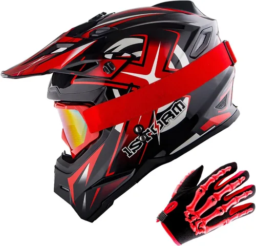 Vista 8 de 1Storm Casco de Motocross para Jóvenes Niños BMX MX Casco de Bicicleta Adolescente Estilo de Carreras; Azul de Carreras + Gafas + Paquete de Guantes