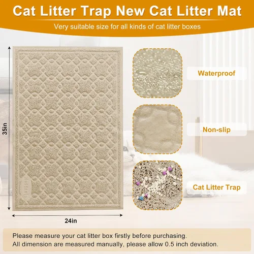 Vista 2 de Tapete para caja de arena para gatos, 35 x 24 pulgadas, tapete grande para atrapar arena para gatitos, mantiene el suelo limpio, tapete de caja