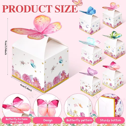Vista 2 de Ctosree 24 cajas de regalo de fiesta de mariposa, bolsas de dulces florales, caja de papel de regalo de mariposa rosa para niña, decoración azul