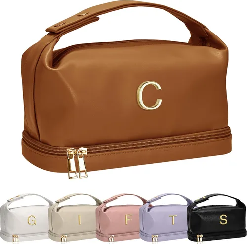 Vista 126 de Bolsa de maquillaje con asa, bolsa de cosméticos impermeable de doble capa, bolsas de maquillaje de cuero PU de gran capacidad con letra, bolsa