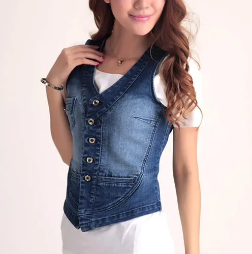 Vista 5 de Jade Hare Chaleco de mezclilla para mujer, chaquetas azules ajustadas, top corto, chaleco de mezclilla, sin mangas, ligero, para uso general