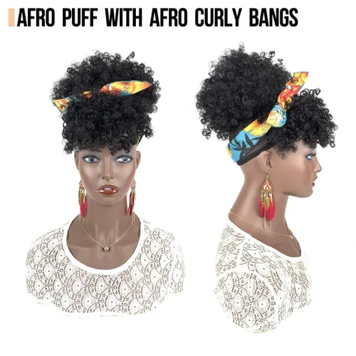 Vista 5 de Cola de caballo afro con cordón y flequillo para mujeres negras, moño alto afro con flequillo de resorte reemplazable y flequillo afro, estilos