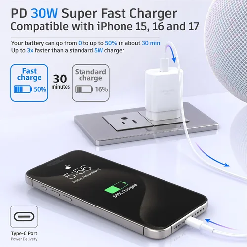 Vista 4 de TT&C - Bloque de cargador USB C de 30 W, adaptador de corriente de enchufe de pared para iPhone 17, 16, 15