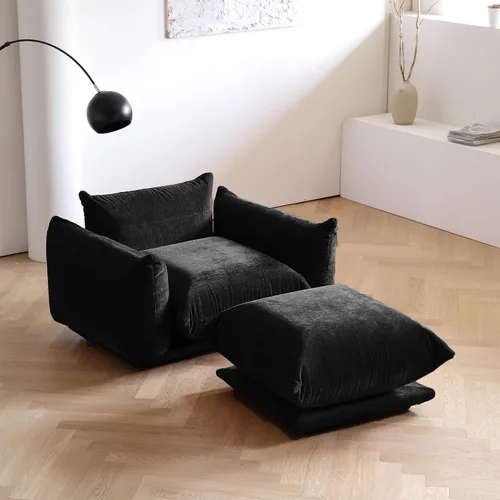 Vista 2 de JACH Otomana Cómoda de Estilo Moderno de Mediados de Siglo, Reposapiés de Sofá de Chenilla con Cojín Grueso, Muebles Taburete de 26" para Espacios