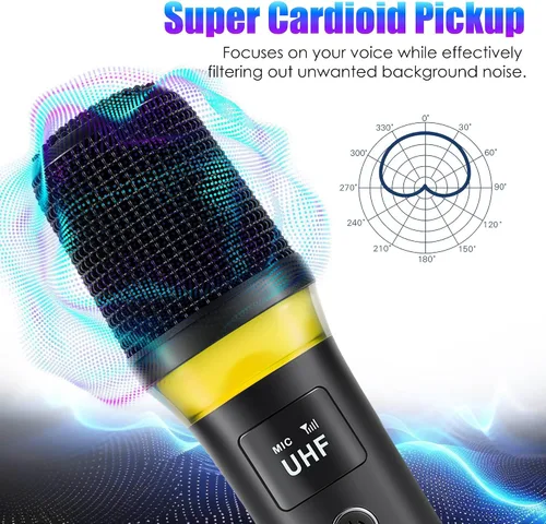 Vista 3 de Micrófonos inalámbricos UHF, micrófonos dinámicos de mano de metal con rango de 164 pies, luz RGB, micrófono vocal dinámico cardioide para fiesta