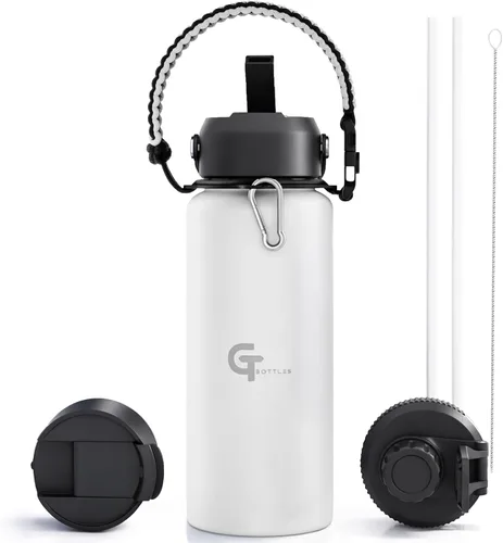Vista 25 de Botella de agua para niños de 18 onzas, de acero inoxidable aislado con tapa con popote, 3 tapas, a prueba de fugas, mango de paracaídas, sin BPA