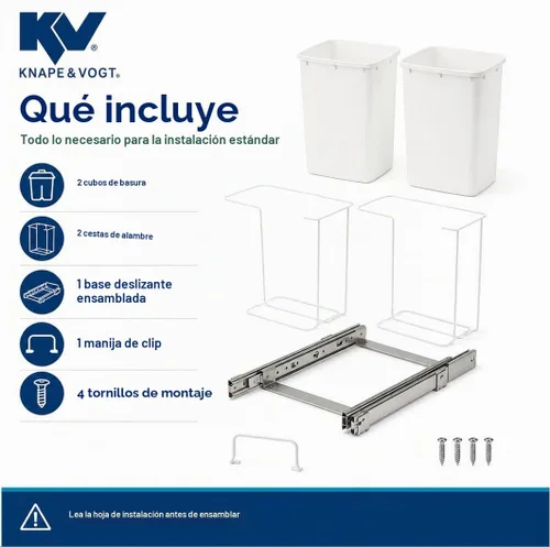 Vista 5 de Knape & Vogt Bote de basura extraíble de montaje inferior para gabinete Blanco - Tipo de deslizamiento de rodamiento de bolas